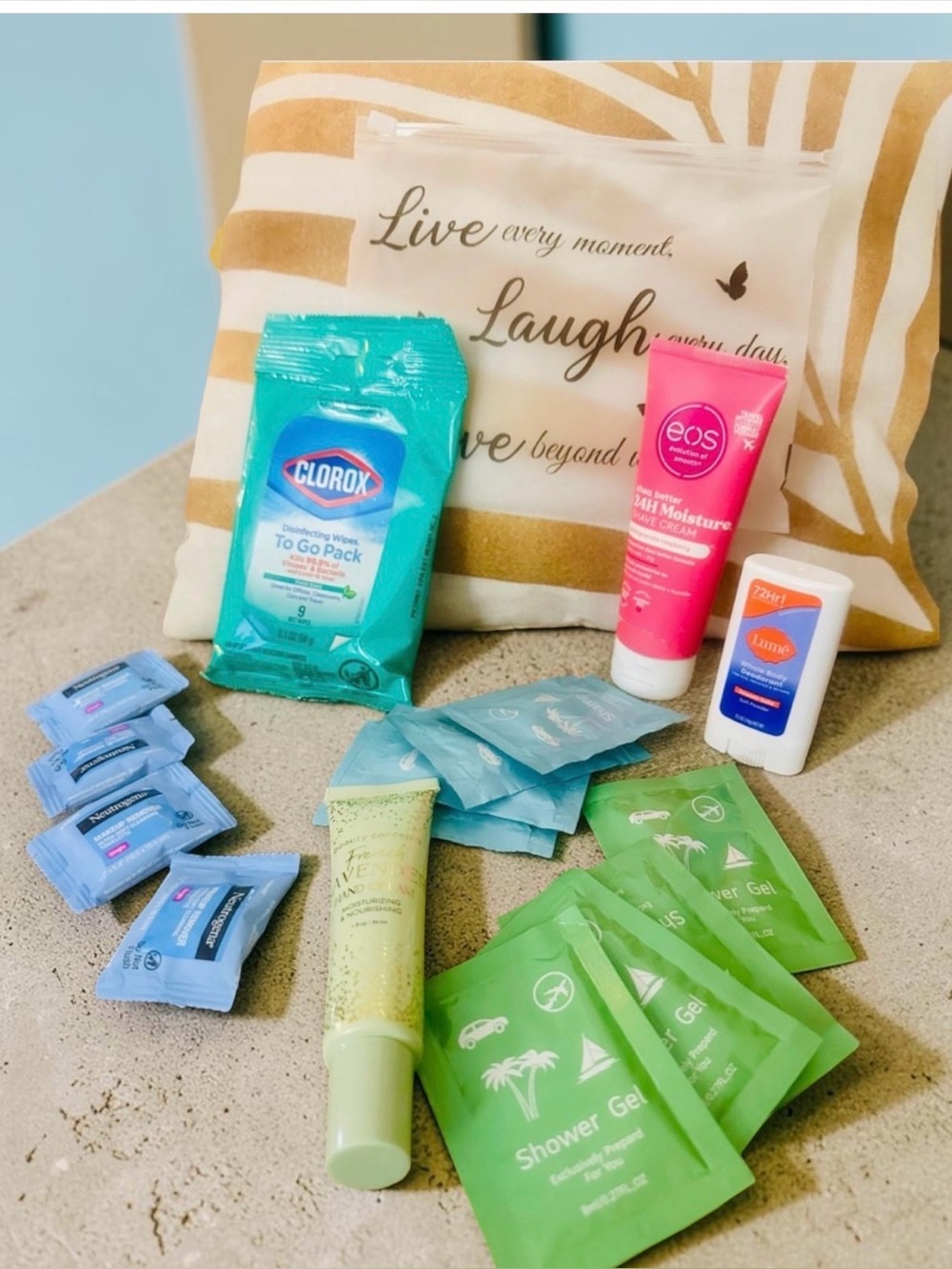 Travel Toiletries Kit & Pouch with Clorox, EOS & Lume, Shower Gel & Shampoo New